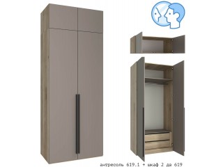 МК 77 №619 + №619.1 Шкаф двухстворчатый с антресолью, Розалин, дуб кастелло + серо-коричневый [МК 77 дуб кастелло]