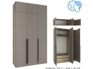 МК 77 №620 + №620.1 Шкаф трёхстворчатый с антресолью, Розалин, дуб кастелло + серо-коричневый [МК 77 дуб кастелло]
