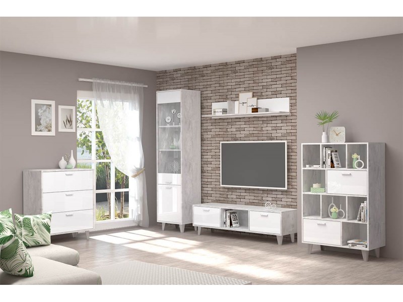 Эго Гостиная модульная, Комплект-2, Бетон светлый + Белый глянец [Эго]