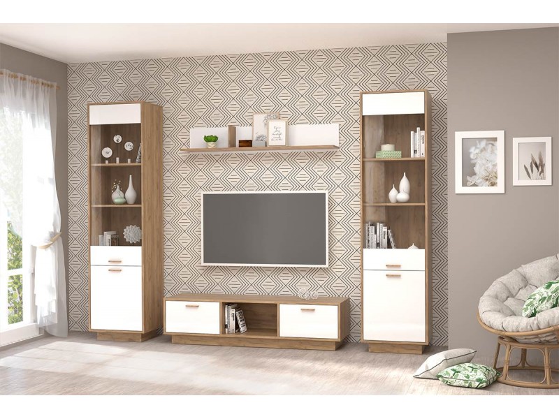 Эго Гостиная модульная, Комплект-9, Дуб Крафт золотой + Белый глянец [Эго]