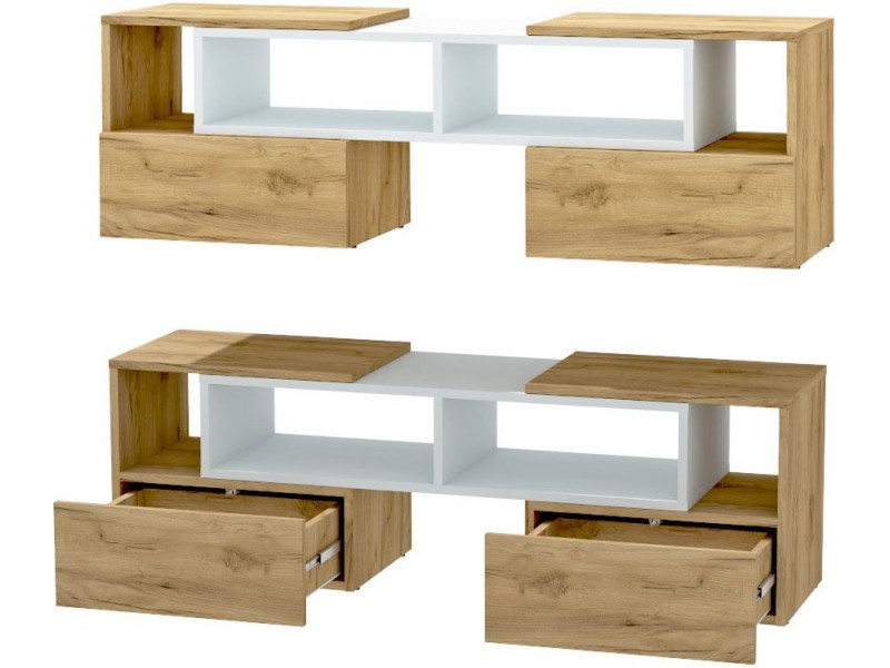 Тумба ТВ Раздвижная, Дуб Крафт Золотой + Белый