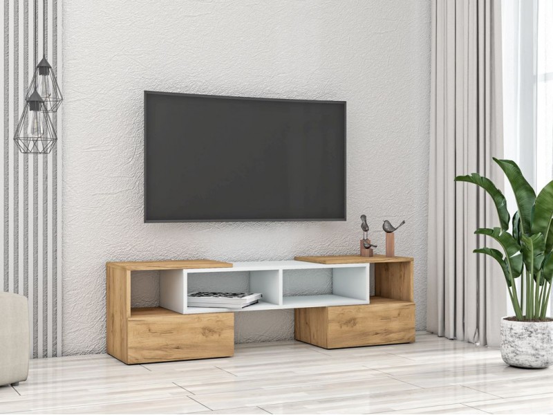 Тумба ТВ Раздвижная, Дуб Крафт Золотой + Белый
