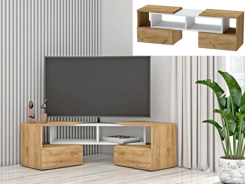 Тумба ТВ Раздвижная, Дуб Крафт Золотой + Белый