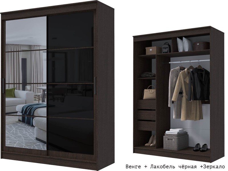Гранд-1 Шкаф-купе 2-х дверный 1600мм, фасады Зеркало + Лакобель [Шкаф-купе]