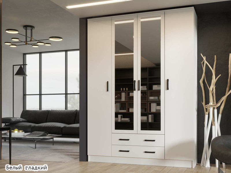 Квадро Шкаф четырёхстворчатый с ящиками и зеркалами [Эко]