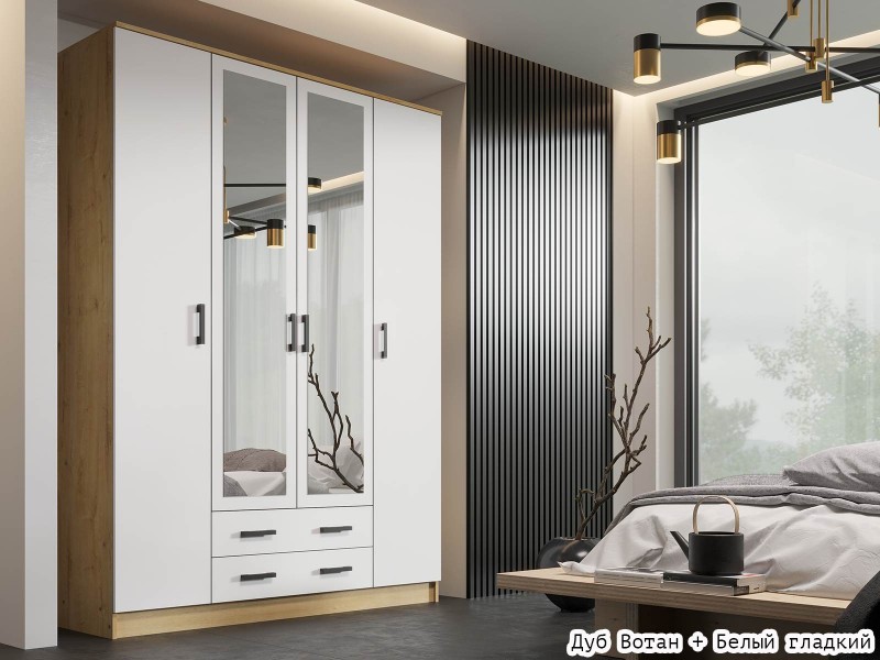 Квадро Шкаф четырёхстворчатый с ящиками и зеркалами [Эко]