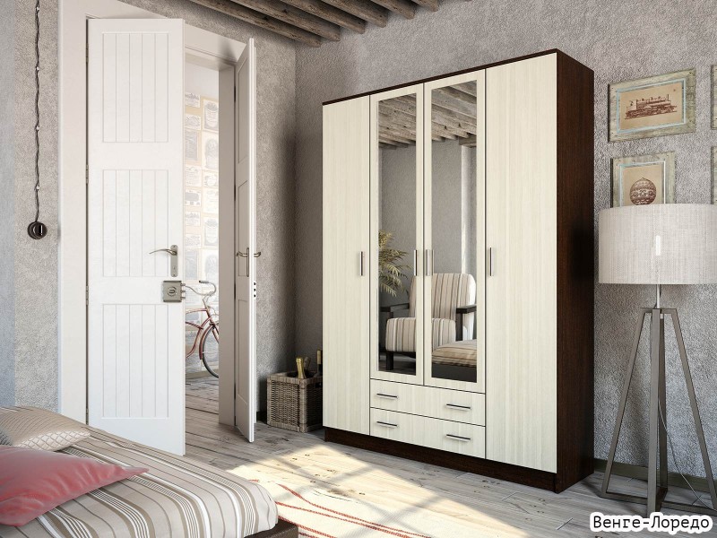 Квадро Шкаф четырёхстворчатый с ящиками и зеркалами [Эко]