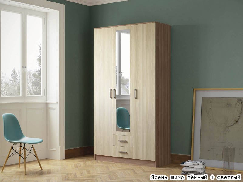 Трио Шкаф трёхстворчатый с зеркалом и ящиками [Эко]