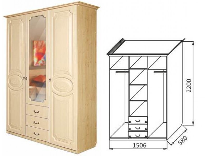 Шкаф трёхстворчатый с выдвижными ящиками с рисунком, с зеркалом [Ивушка-5]