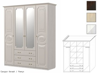 Шкаф четырёхстворчатый с выдвижными ящиками и зеркалом, с рисунком [Ивушка-5]