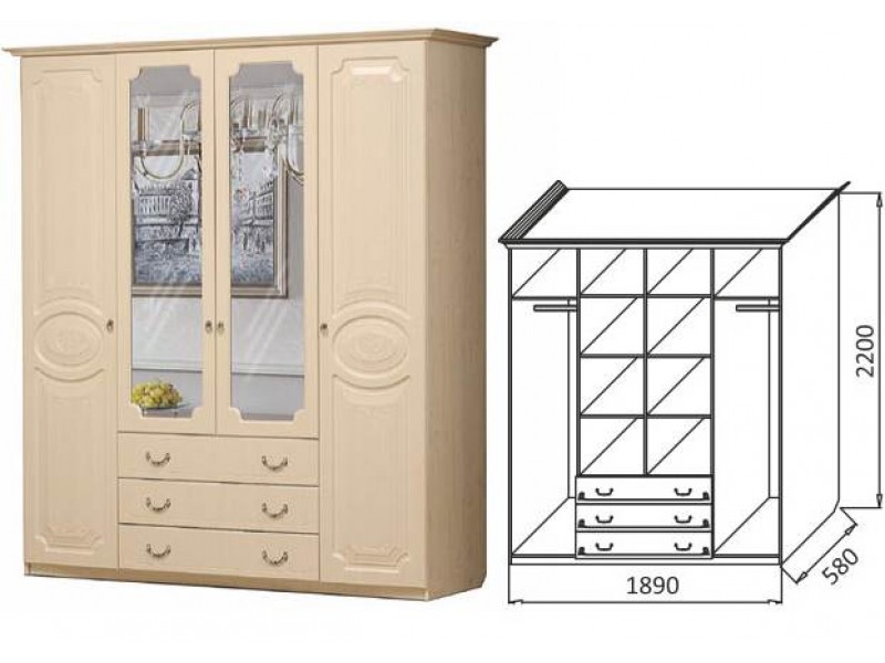 Шкаф четырёхстворчатый с выдвижными ящиками и зеркалом, с рисунком [Ивушка-5]