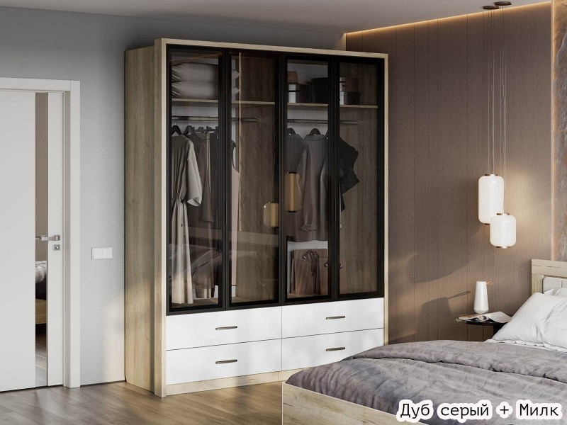 Юми ШК-3526 Шкаф двухстворчатый со стеклом и с ящиками [Юми]