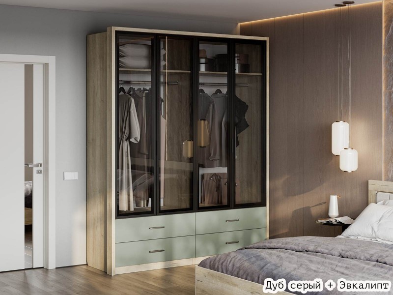 Юми ШК-3526 Шкаф двухстворчатый со стеклом и с ящиками [Юми]