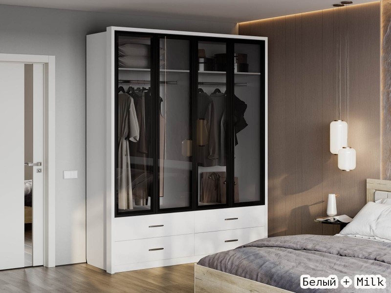 Юми ШК-3526 Шкаф двухстворчатый со стеклом и с ящиками [Юми]