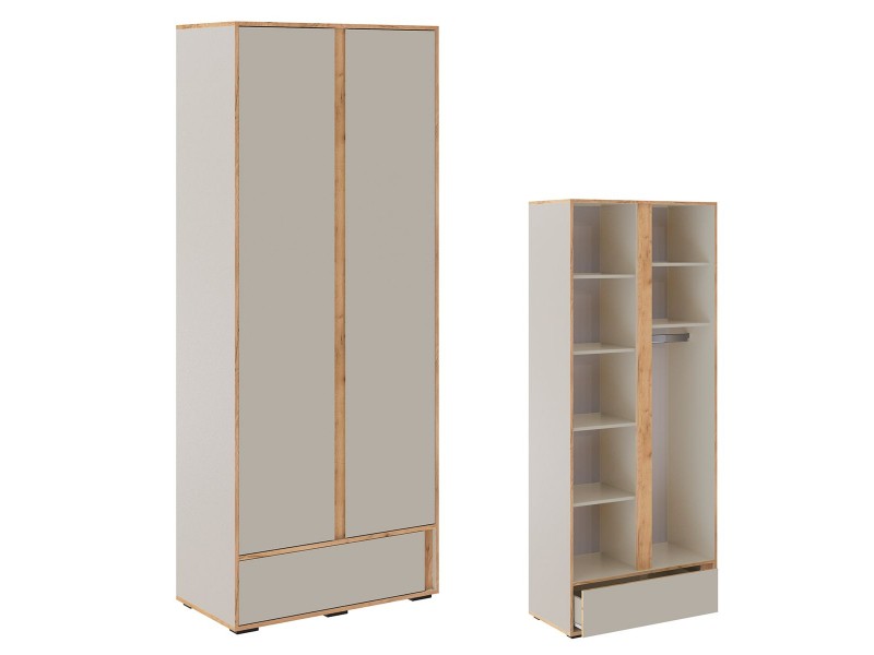 Асцелла Шкаф двухдверный с выдвижным ящиком, кашемир + дуб крафт золотой [Асцелла_Кашемир]